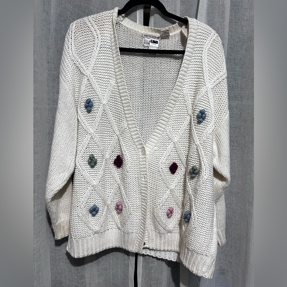 Expressions Cream Cable-Knit Cardigan with Multicolor Knit Dots